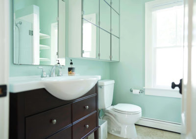 bathroom with aqua colored walls, glass cabinetry above the white toilet and sink